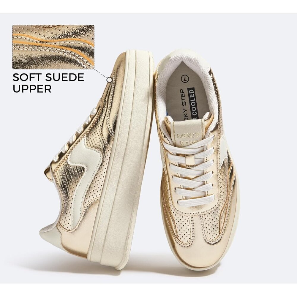Women Platform Gold White Sneaker Thick Sole Suede Leather Low Top Walking Shoes - Picture 2 of 9